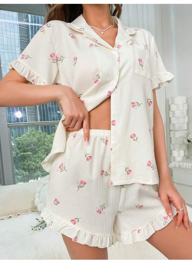 Bella Notte Floral Printed Ruffle Pajama Set  - Image 3
