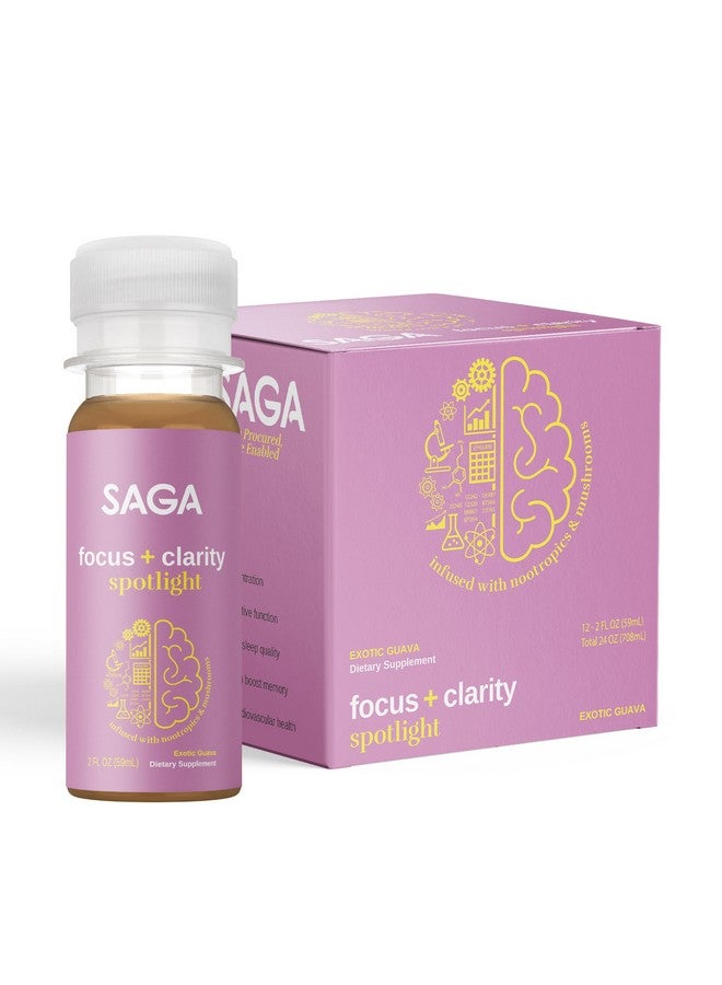 SAGA Organic Focus Shots | Contains Nootropics, Adaptogens, & Mushrooms - Bacopa & Ashwagandha | High Bioavailability & Fast Onset | No Jitters & Boosts Productivity | Exotic Guava 2oz Shots(12-Pack) - Image 1