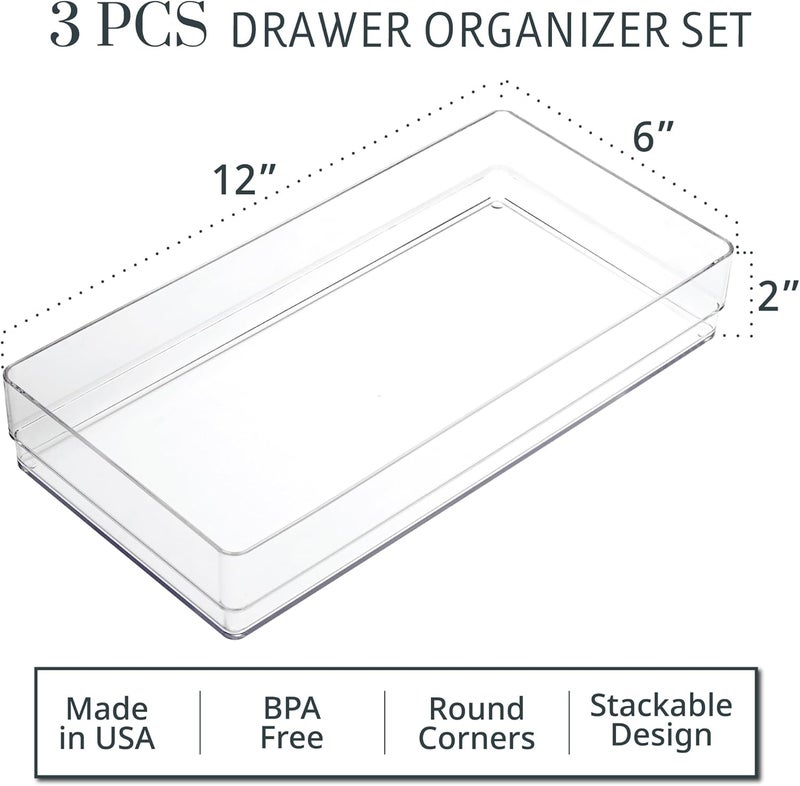 STORi SimpleSort 3-Piece Stackable Clear Drawer Organizer Set | 12" x 6" x 2" Rectangle Trays | Wide Makeup Vanity Storage Bins and Office Desk Drawer Dividers | Made in USA - Image 2