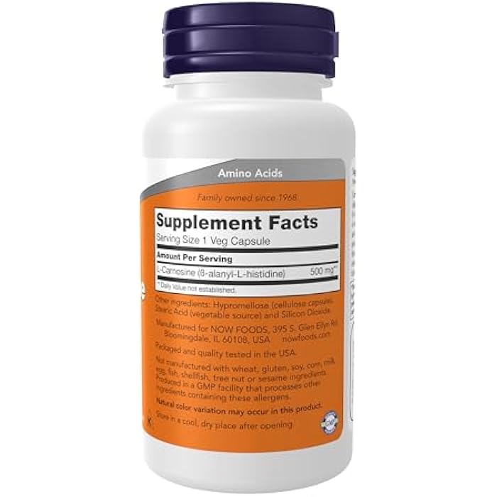 NOW Foods Supplements, L-Carnosine (Beta-Alanyl-L-Histidine) 500 mg, Healthy Aging, 50 Veg Capsules - Image 2