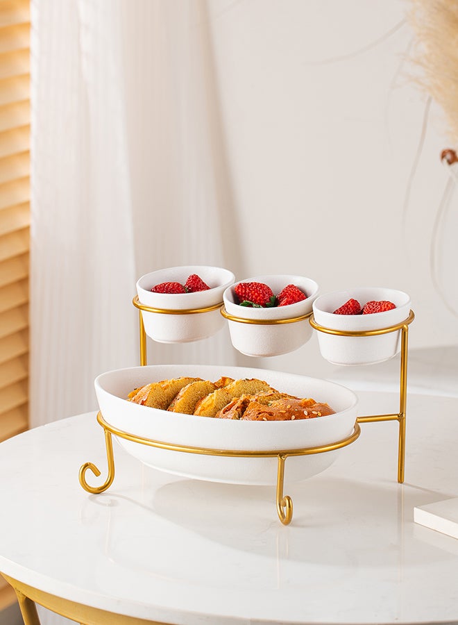 Shallow Porcelain 2-Tier Oval Serving Set with Gold Stand Rack - 3x 10cm and 1x 24cm - Image 2