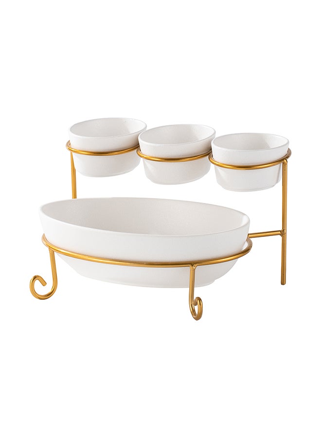 Shallow Porcelain 2-Tier Oval Serving Set with Gold Stand Rack - 3x 10cm and 1x 24cm - Image 1