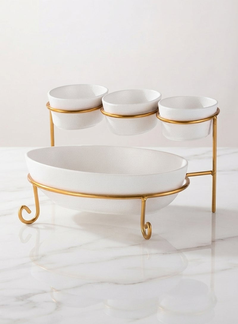 Shallow Bone China & Porcelain 2-Tier Oval Serving Set with Gold Stand Rack - 3x 10cm and 1x 24cm - Image 5