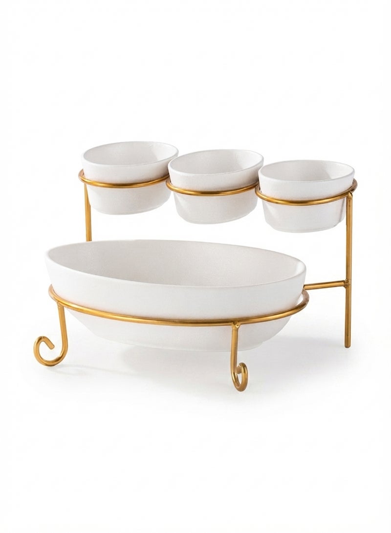 Shallow Bone China & Porcelain 2-Tier Oval Serving Set with Gold Stand Rack - 3x 10cm and 1x 24cm - Image 1