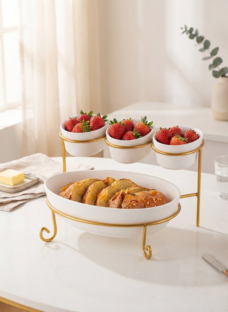 Shallow Bone China & Porcelain 2-Tier Oval Serving Set with Gold Stand Rack - 3x 10cm and 1x 24cm - Image 4