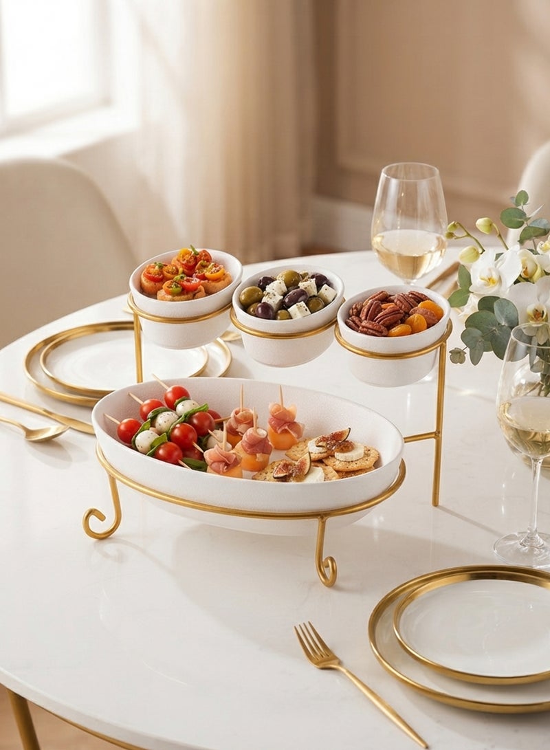 Shallow Bone China & Porcelain 2-Tier Oval Serving Set with Gold Stand Rack - 3x 10cm and 1x 24cm - Image 3