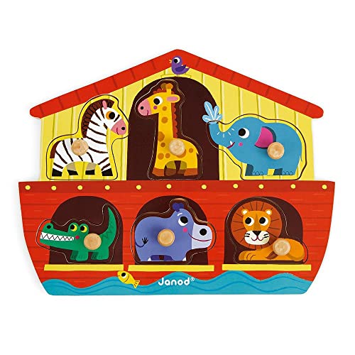 Janod 6 Piece Noah’s Ark Puzzle Themed Wooden Peg Colorful Jigsaw Puzzle - Encourages Shape Recognition, Dexterity, and Language Development - Preschool Kids and Toddlers 18 Months+ - Image 5