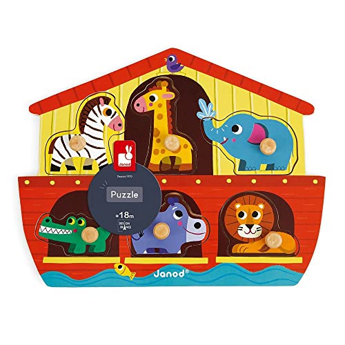 Janod 6 Piece Noah’s Ark Puzzle Themed Wooden Peg Colorful Jigsaw Puzzle - Encourages Shape Recognition, Dexterity, and Language Development - Preschool Kids and Toddlers 18 Months+ - Image 2