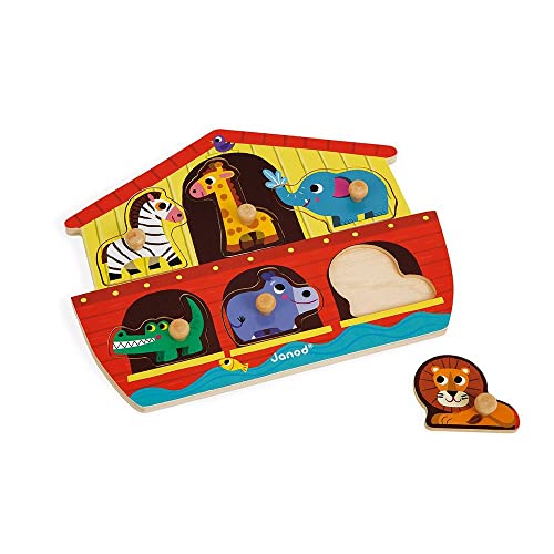 Janod 6 Piece Noah’s Ark Puzzle Themed Wooden Peg Colorful Jigsaw Puzzle - Encourages Shape Recognition, Dexterity, and Language Development - Preschool Kids and Toddlers 18 Months+ - Image 3