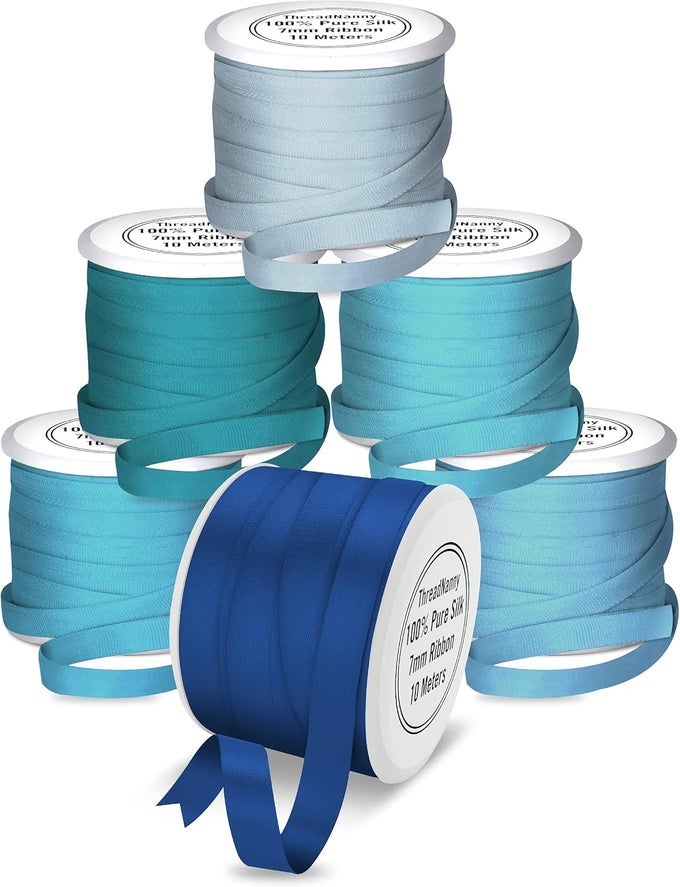 NEW 7MM SIZE 6 SPOOLS OF 100 PURE SILK RIBBONS BLUE TONES 60 METERS X 7MM