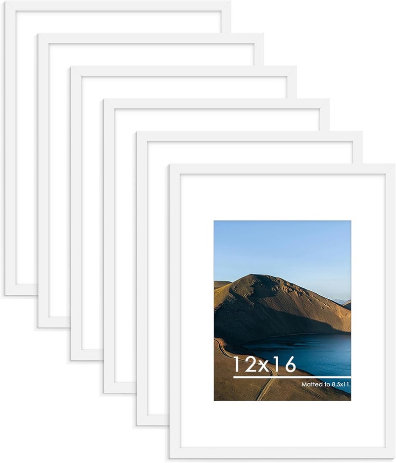 PEALSN 12x16 Picture Frame Set of 6, Display Pictures 8.5x11 with Mat or 12x16 without Mat for Wall Mounting Display, Photo Frames Collage for Wall Decor, White. - Image 1