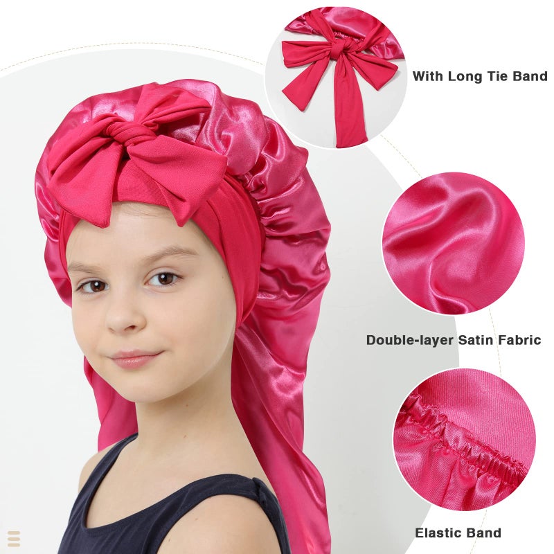 AWAYTR Kids Long Hair Bonnet for Sleeping - Double Layer Girls Elastic Satin Bonnet with Tie Band for Braid Curly Hair (Hot pink) - Image 3