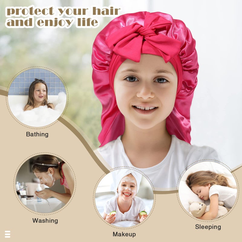 AWAYTR Kids Long Hair Bonnet for Sleeping - Double Layer Girls Elastic Satin Bonnet with Tie Band for Braid Curly Hair (Hot pink) - Image 4
