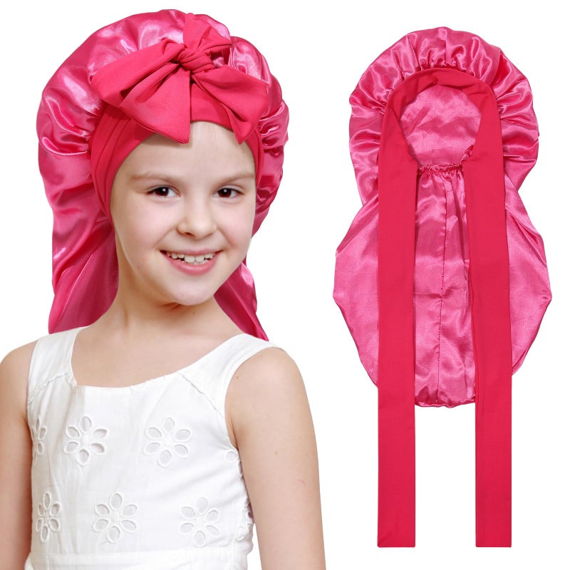 AWAYTR Kids Long Hair Bonnet for Sleeping - Double Layer Girls Elastic Satin Bonnet with Tie Band for Braid Curly Hair (Hot pink) - Image 1