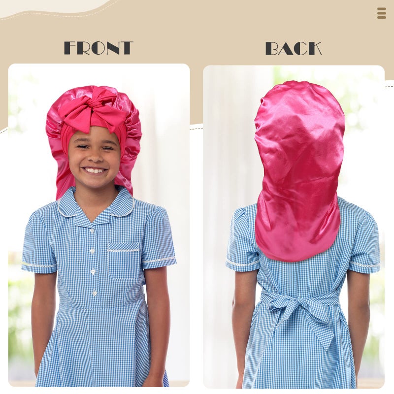 AWAYTR Kids Long Hair Bonnet for Sleeping - Double Layer Girls Elastic Satin Bonnet with Tie Band for Braid Curly Hair (Hot pink) - Image 2