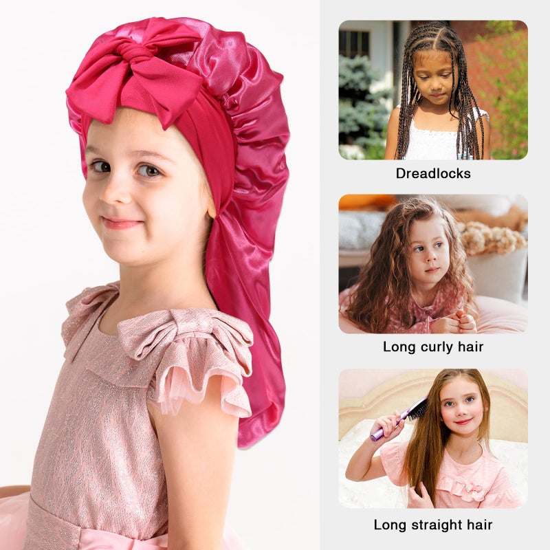 AWAYTR Kids Long Hair Bonnet for Sleeping - Double Layer Girls Elastic Satin Bonnet with Tie Band for Braid Curly Hair (Hot pink) - Image 5