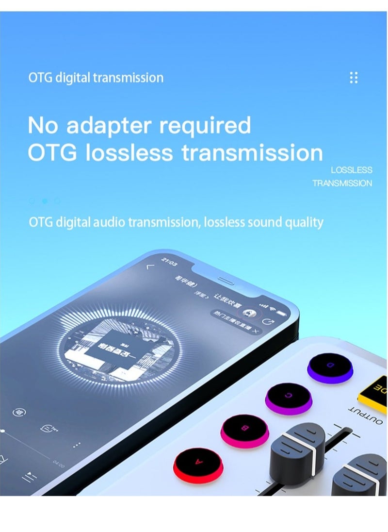 HD Gaming Audio Mixer Set Rechargeable Audio Interface RGB Mixer with XLR Mic Interface 48V Phantom Power for Podcast/Recording (Standard package + fill light + gold microphone)