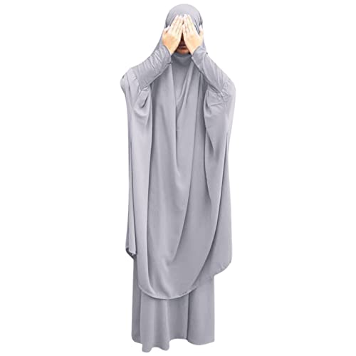 IKADEX Prayer Clothes for Muslim Women Islamic Abaya Suit Maxi Skirt + Khimar Hijab 2pcss Burka Jilbab Kaftan Grey - Image 1
