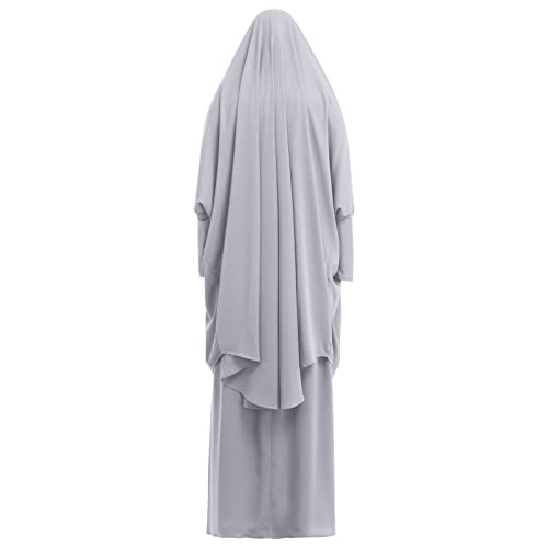 IKADEX Prayer Clothes for Muslim Women Islamic Abaya Suit Maxi Skirt + Khimar Hijab 2pcss Burka Jilbab Kaftan Grey - Image 4