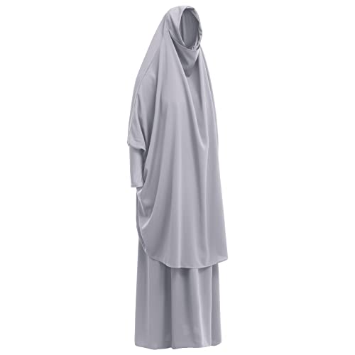 IKADEX Prayer Clothes for Muslim Women Islamic Abaya Suit Maxi Skirt + Khimar Hijab 2pcss Burka Jilbab Kaftan Grey - Image 3