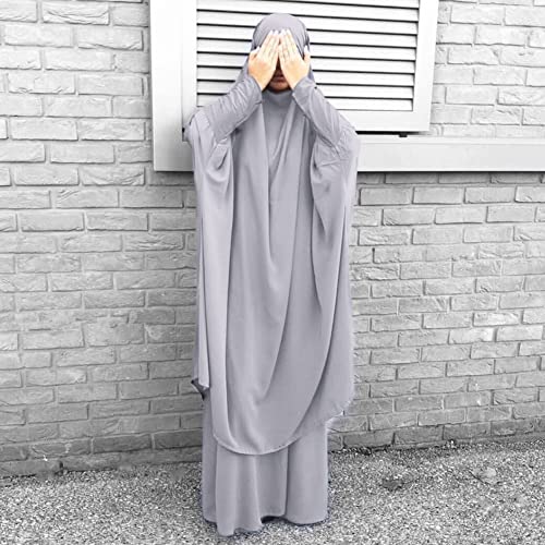 IKADEX Prayer Clothes for Muslim Women Islamic Abaya Suit Maxi Skirt + Khimar Hijab 2pcss Burka Jilbab Kaftan Grey - Image 5