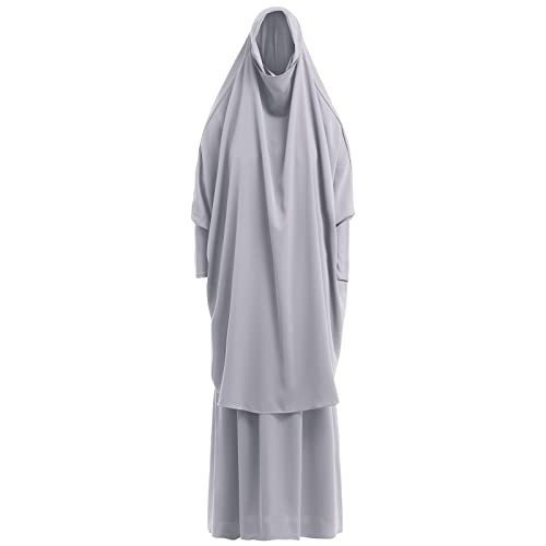 IKADEX Prayer Clothes for Muslim Women Islamic Abaya Suit Maxi Skirt + Khimar Hijab 2pcss Burka Jilbab Kaftan Grey - Image 2