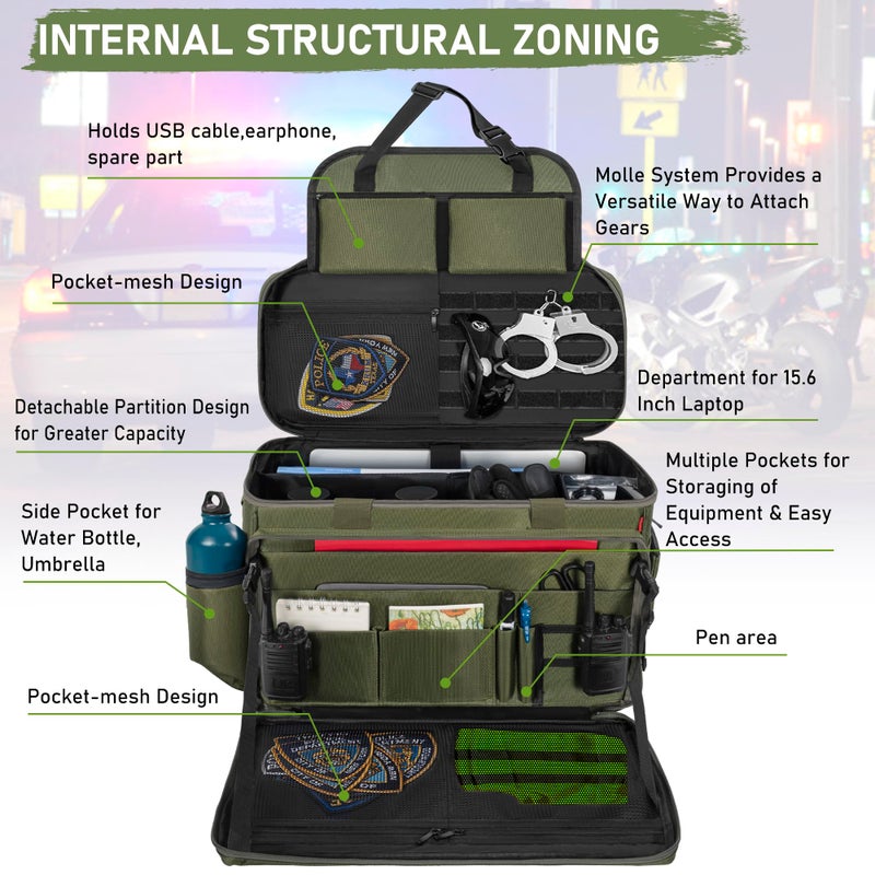 ITHWIU Patrol Bag Law Enforcement, Police Gear Bag Car Front Seat Organizer for Police with Laptop Layer and Cup Holders, MOLLE System, Fits Vehicle Passenger Seat, Army Green - Image 2