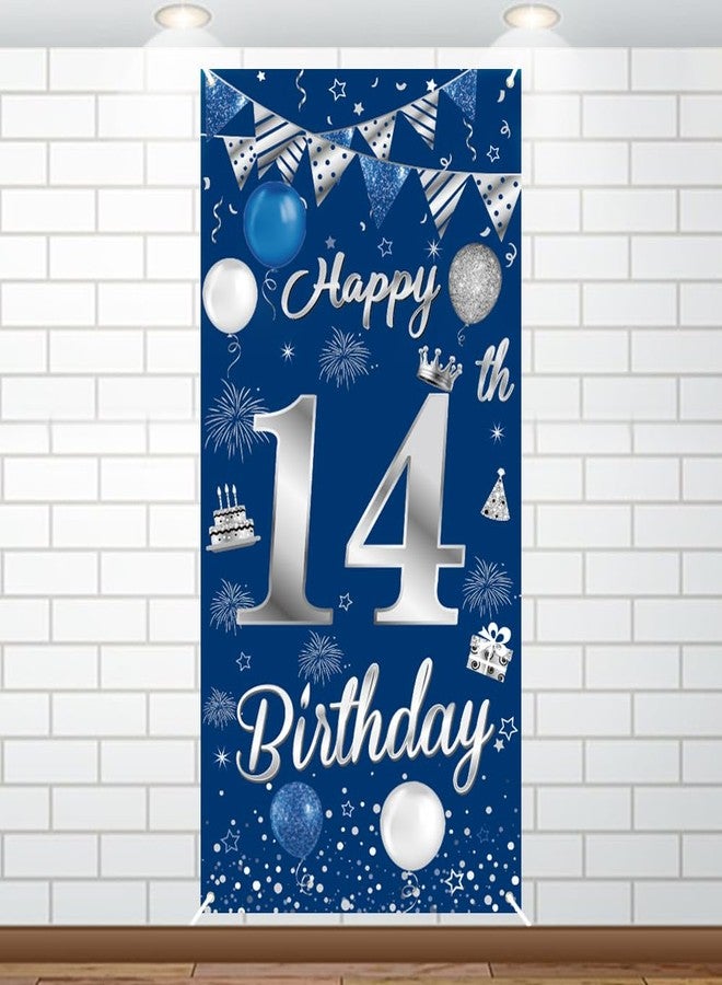 Huture 14th Birthday Decorations for Boys Girls Happy 14th Birthday Banner Large Size Blue Silver Birthday Backdrop Banner for 14 Years Old Anniversary Birthday Party Photo Prop Booth Background Deco - Image 1