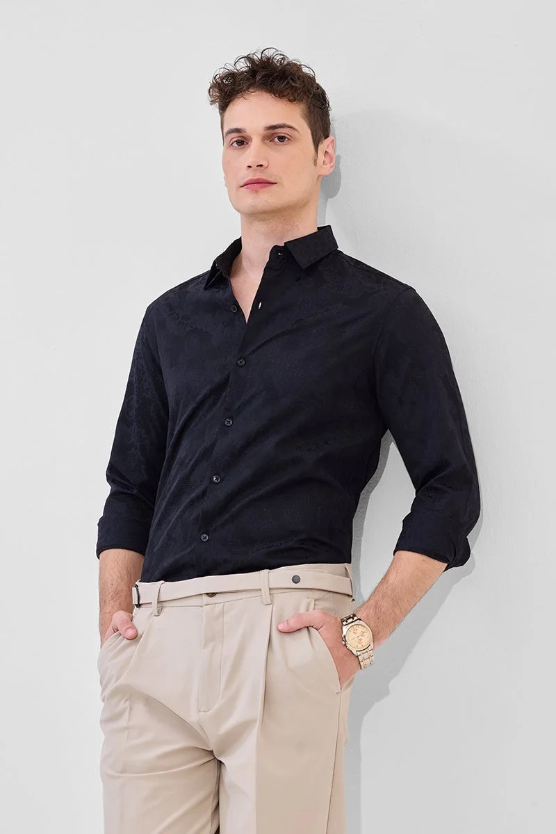 SNITCH Black Floral Long Sleeve Slim Fit Formal Shirt