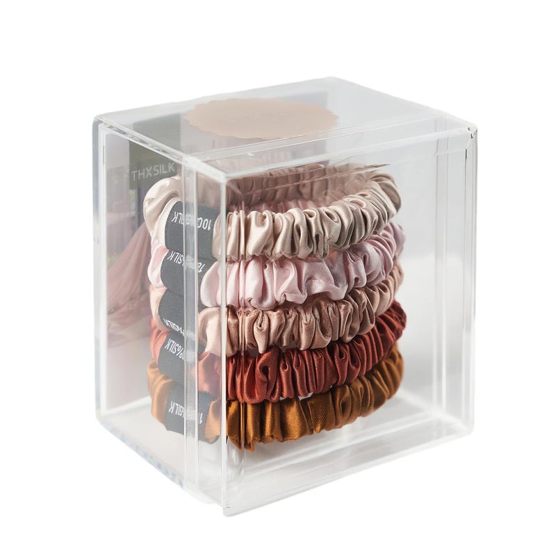 THXSILK 5 Pcs 100 Pure Mulberry Silk Warm Color Small Hair Scrunchies Skinny Hair Ties Elastics for Women Girls Hair Accessories