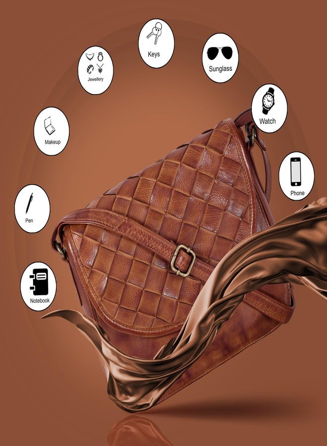 Ozora Genuine Leather Shoulder Crossbody Purse For Women with Adjustable Strap, Mobile Pocket & Outside & Inside Zipper, Tan Weaving Large, Medium, Sophia - Image 3