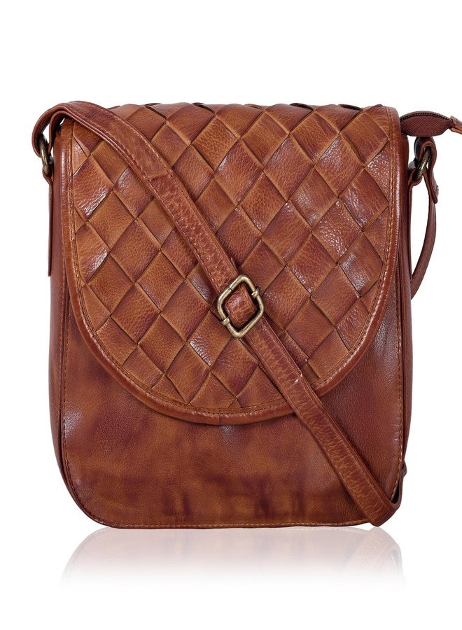 Ozora Genuine Leather Shoulder Crossbody Purse For Women with Adjustable Strap, Mobile Pocket & Outside & Inside Zipper, Tan Weaving Large, Medium, Sophia - Image 1