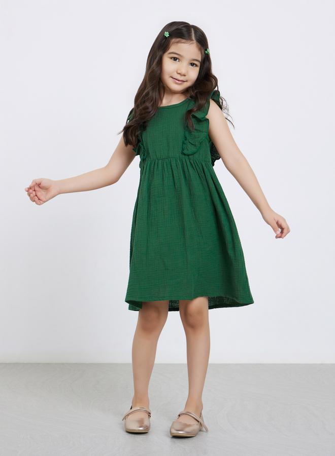 Styli Girls Dark Green Ruffled Panel Textured Dress - Image 2