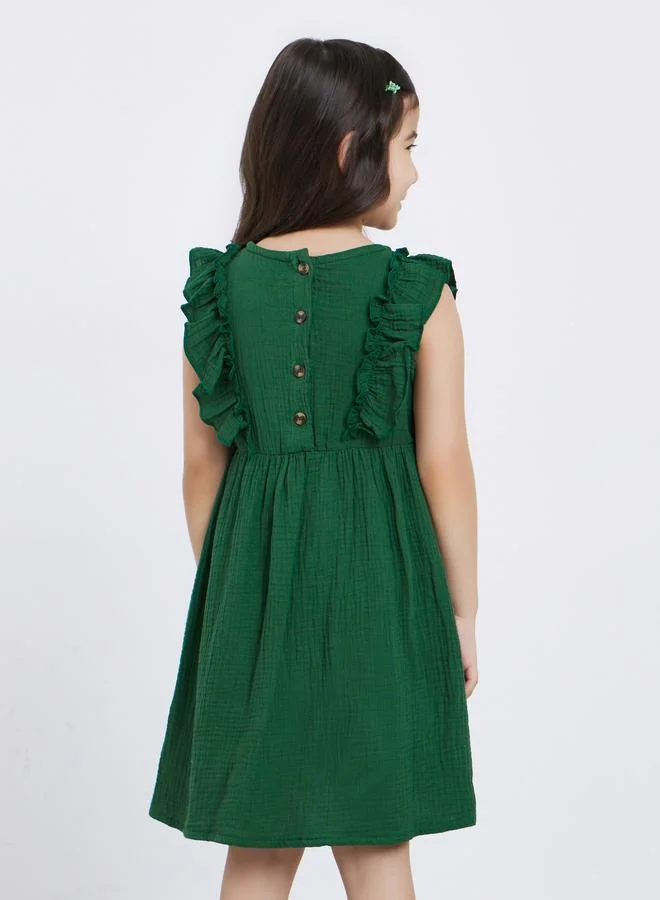 Styli Styli Girls Dark Green Ruffled Panel Textured Dress