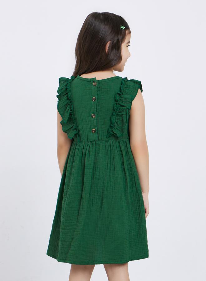 Styli Girls Dark Green Ruffled Panel Textured Dress - Image 4