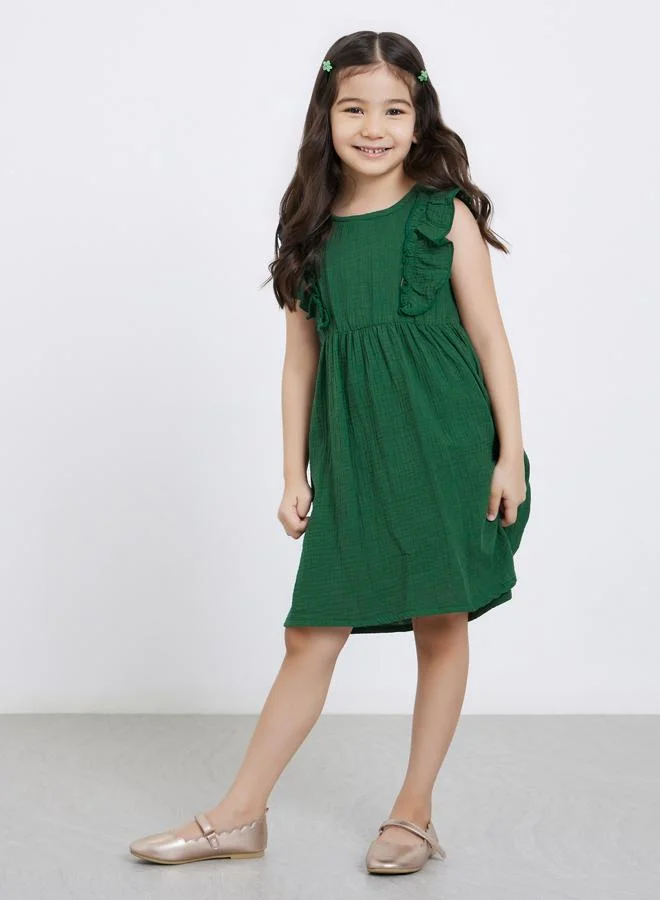 ستايلي Styli Girls Dark Green Ruffled Panel Textured Dress