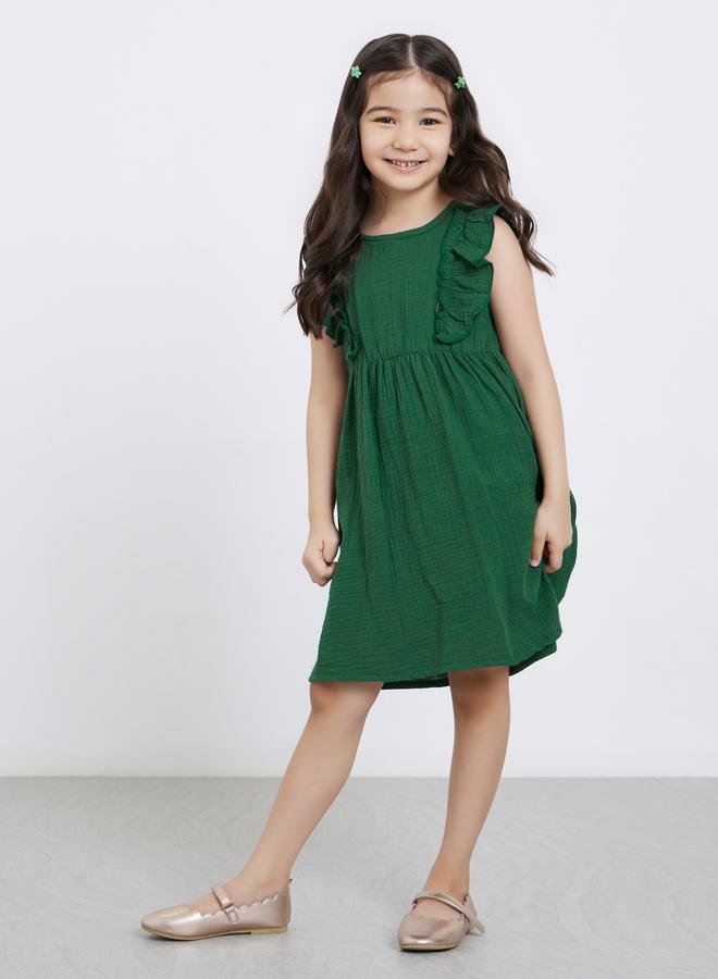 Styli Girls Dark Green Ruffled Panel Textured Dress - Image 1