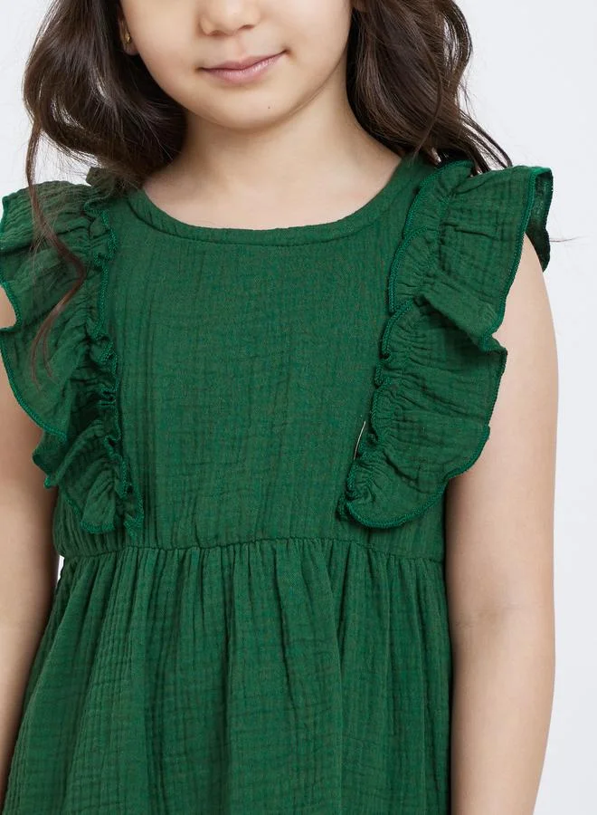 Styli Styli Girls Dark Green Ruffled Panel Textured Dress