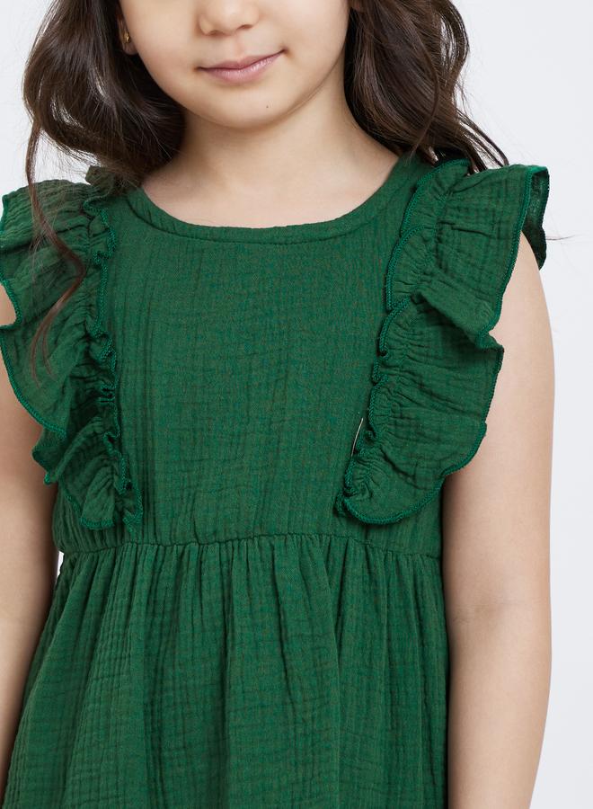 Styli Girls Dark Green Ruffled Panel Textured Dress - Image 3