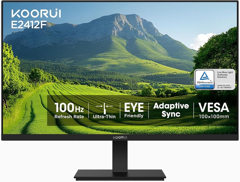 كوروي شاشة كمبيوتر مكتبية KOORUI بحجم 24 بوصة، دقة عرض كاملة HD 1920 × 1080p، شاشة VA بمعدل تحديث 75 هرتز ونسبة تباين 3000:1، مع منافذ HDMI وVGA، بدون إطار، قابلة للتركيب على حامل VESA مقاس 75 × 75 مم، إمالة مريحة، لون أسود - Image 1