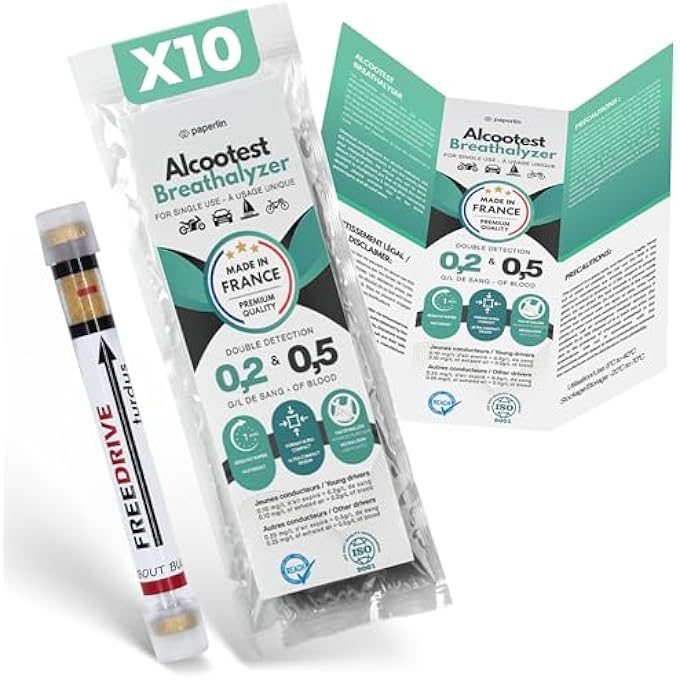 rayihni Disposable Breathalyser x10 Double Threshold 0.2 & 0.5 g/L NF & Reach Compliant Single Use Without Balloon Made in France - Image 1