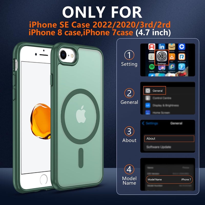 Pilaru Magnetic Case for iPhone 7/8 & SE 2022/2020(3rd/2nd)[Compatible with MagSafe] 2 Screen Protector | Anti- Fingerprint, Shockproof, Skin-friendly Slim Fit Translucent for iPhone SE-Dark Green - Image 2