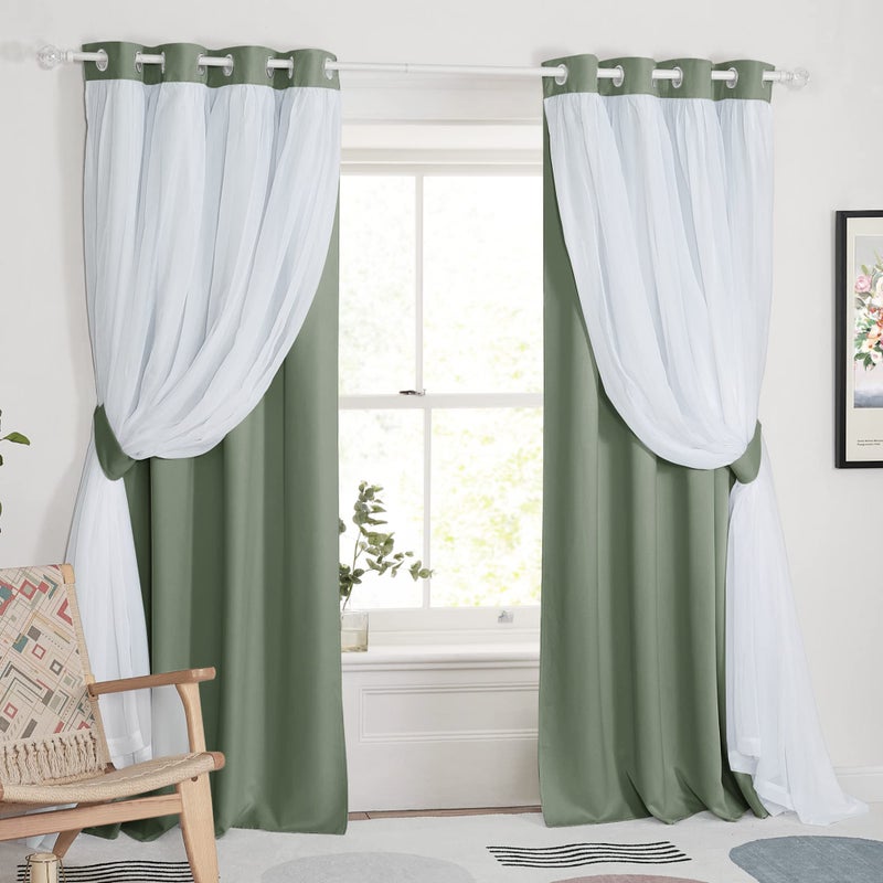 PONY DANCE Room Darkening Curtains with Sheer Overlay Double Layer Drapes for Living Room Grommet Thermal Insulated Curtains for Bedroom 2 Panels Each 52 x 84 Inch Sage Green