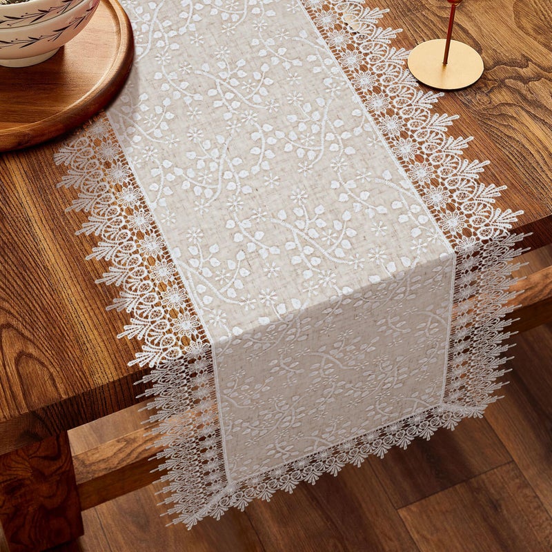 Oriental Weavers OrientalWeavers Table Runner 6 Seater Dining/Centre Table | Floral Cutwork Machine Embroidery Tissue Polyester Linen Table Decoration Runner - 40x180 cm - Beige - Image 5