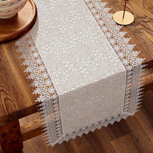 Oriental Weavers OrientalWeavers Table Runner 6 Seater Dining/Centre Table | Floral Cutwork Machine Embroidery Tissue Polyester Linen Table Decoration Runner - 40x180 cm - Beige - Image 1