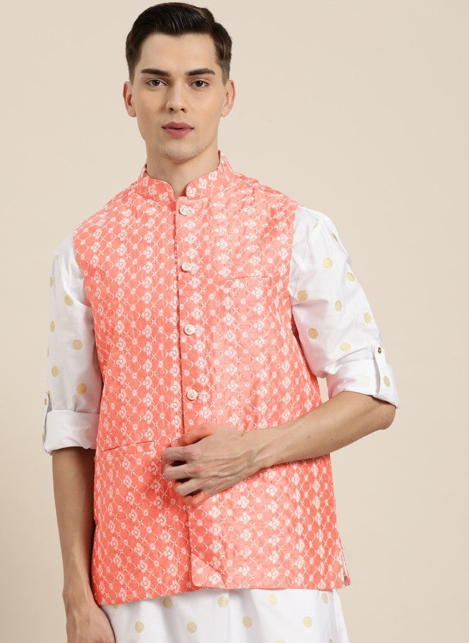 Sojanya Peach-Coloured Chikankari Embroidered Nehru Jacket - Image 1