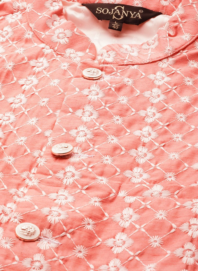 Sojanya Peach-Coloured Chikankari Embroidered Nehru Jacket - Image 2