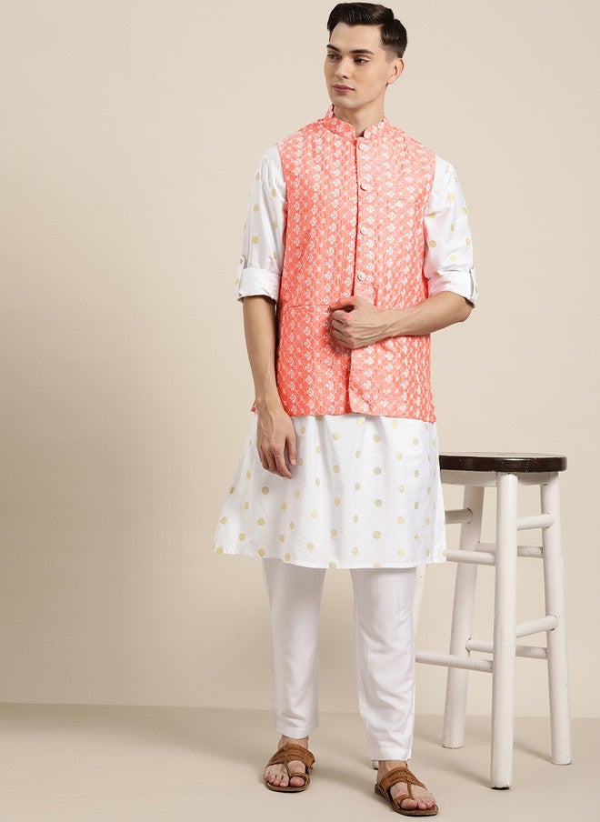 Sojanya Peach-Coloured Chikankari Embroidered Nehru Jacket - Image 5