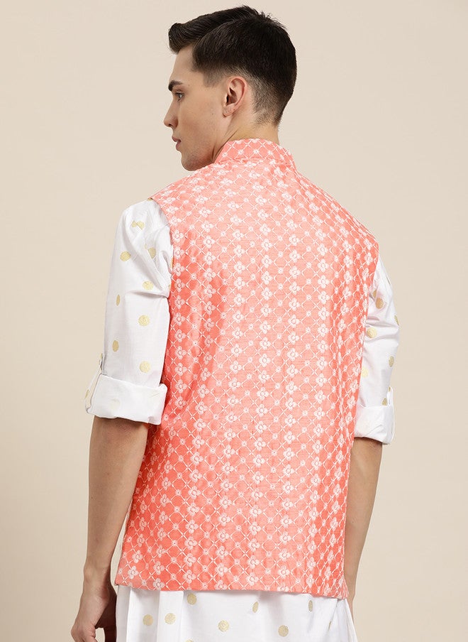 Sojanya Peach-Coloured Chikankari Embroidered Nehru Jacket - Image 4