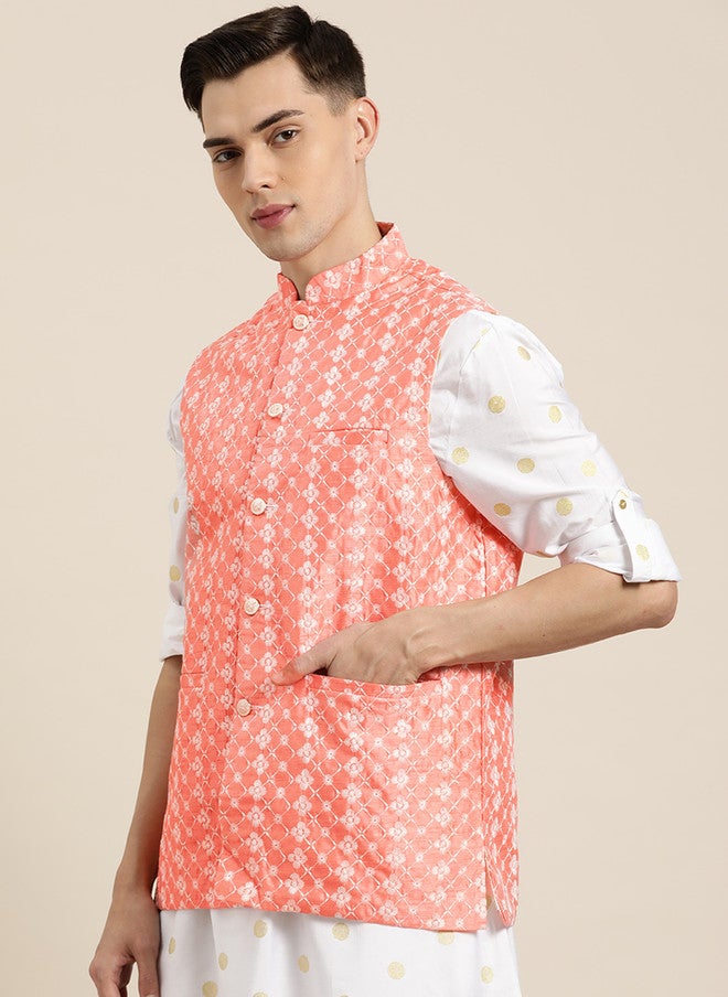Sojanya Peach-Coloured Chikankari Embroidered Nehru Jacket - Image 3